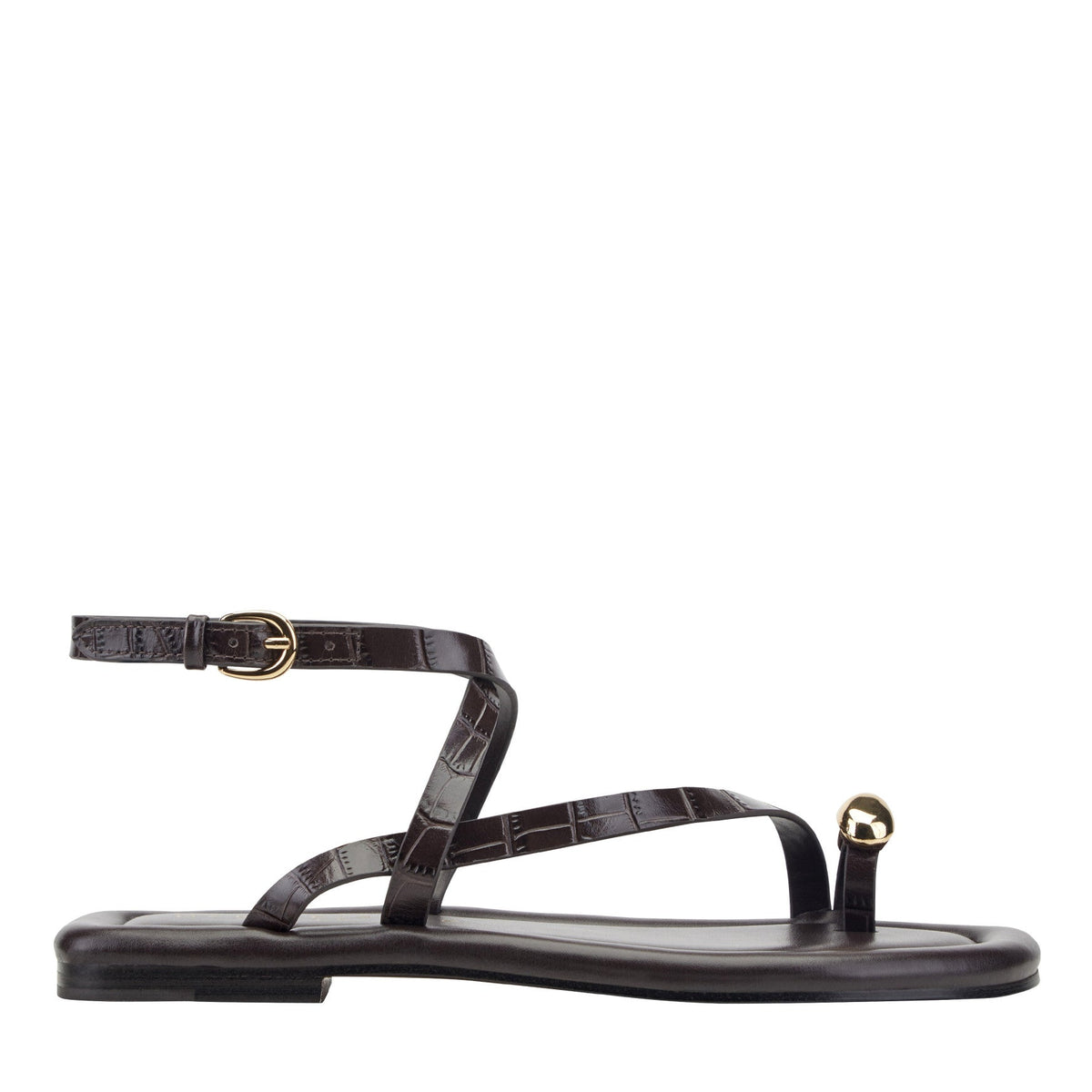 Gynnie Flat Leather Sandal - Dark Brown Leather Embossed Croco | Marc Fisher