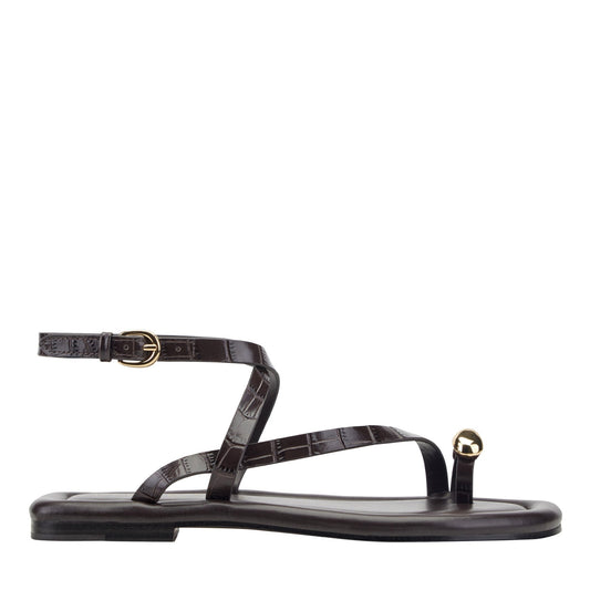 Gynnie Flat Leather Sandal - Dark Brown Leather Embossed Croco | Marc Fisher