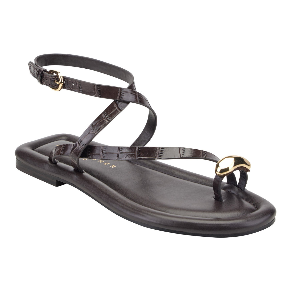 Gynnie Flat Leather Sandal - Dark Brown Leather Embossed Croco | Marc Fisher