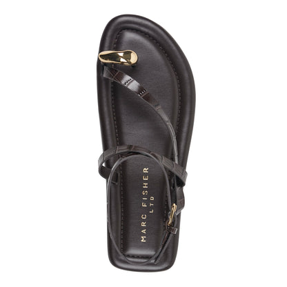 Gynnie Flat Leather Sandal - Dark Brown Leather Embossed Croco | Marc Fisher