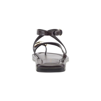 Gynnie Flat Leather Sandal - Dark Brown Leather Embossed Croco | Marc Fisher
