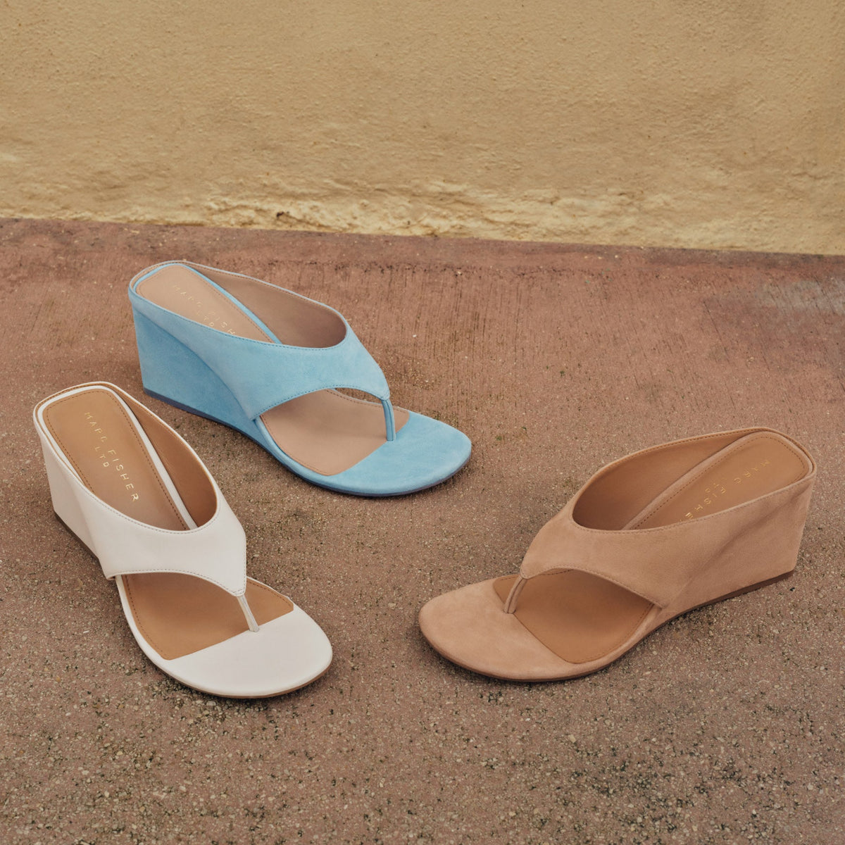 Udena Wedge Thong Sandal - Light Tan Suede | Marc Fisher