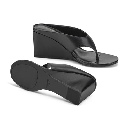 Udena Wedge Thong Sandal - Black Leather | Marc Fisher