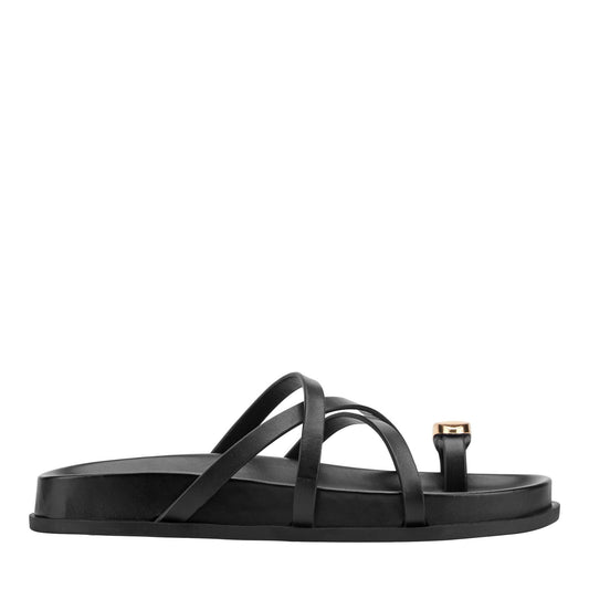 Braidey Strappy Flat Leather Sandal - Black Leather | Marc Fisher