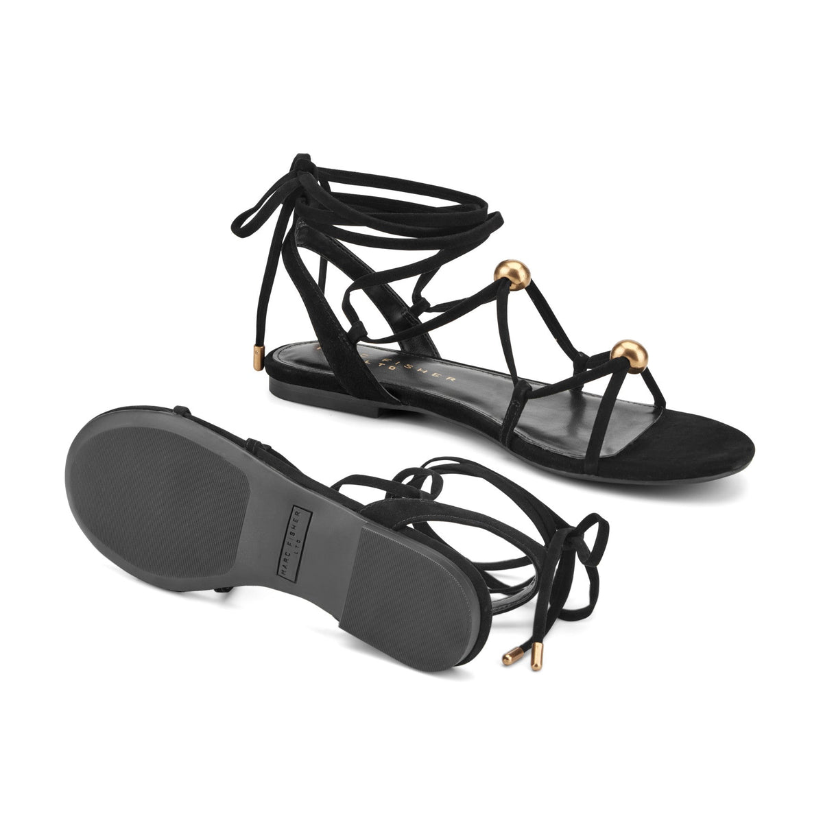 Ellan Ankle Wrap Leather Sandal - Black Suede | Marc Fisher