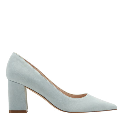 Zala Block Heel Pointy Toe Pump - Light Blue Suede | Marc Fisher