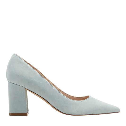 Zala Block Heel Pointy Toe Pump - Light Blue Suede | Marc Fisher