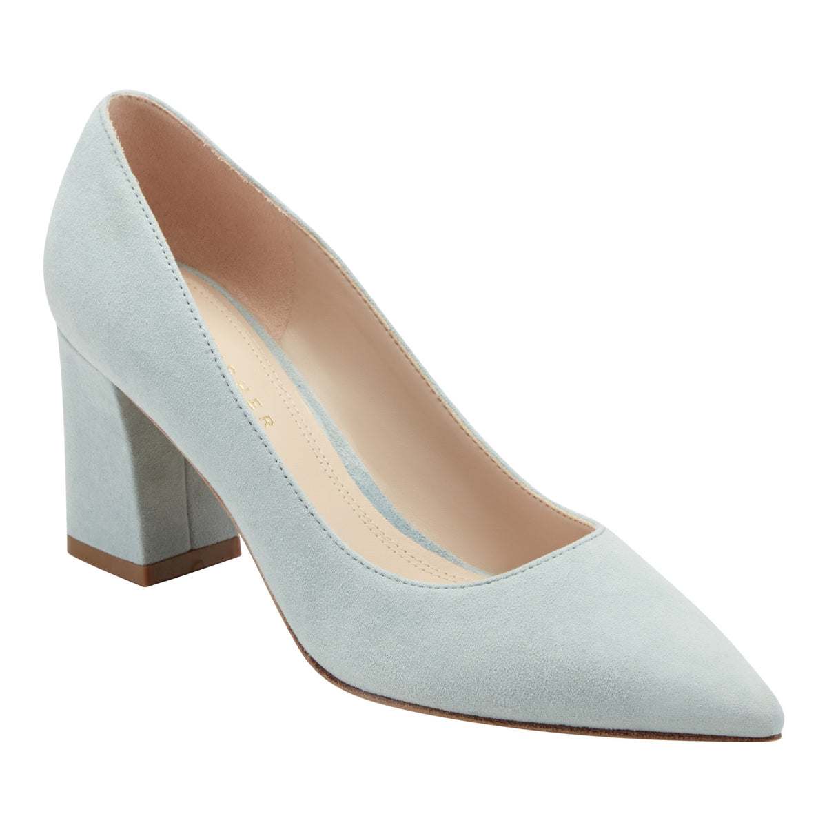 Zala Block Heel Pointy Toe Pump - Light Blue Suede | Marc Fisher