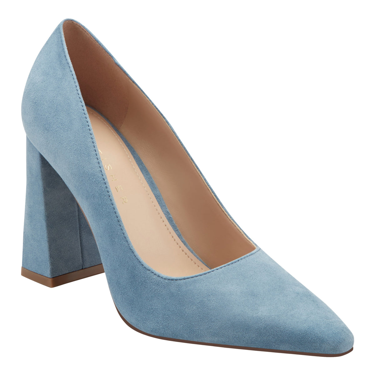 Minny Leather Block Heel Pump - Blue Suede | Marc Fisher