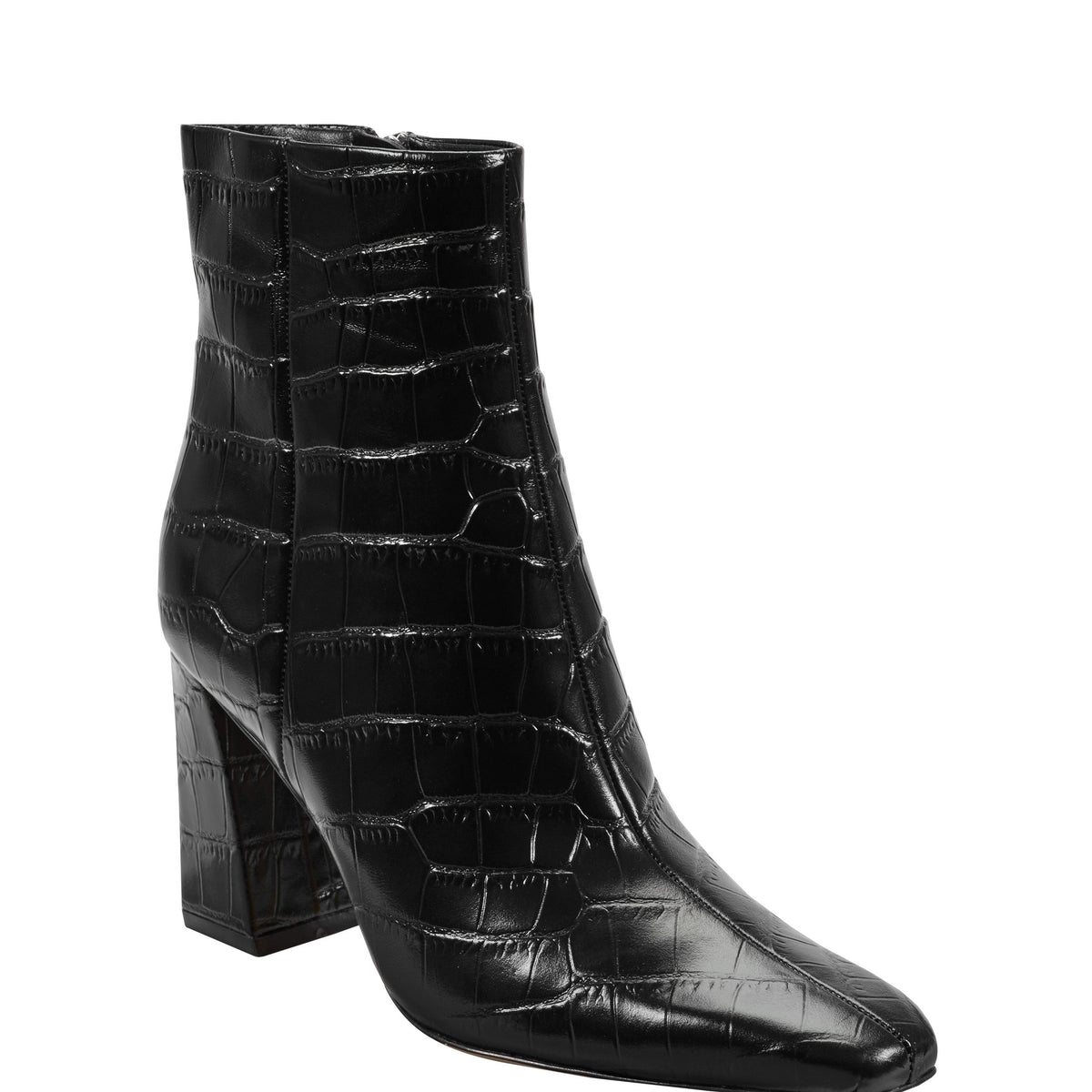 Novella Block Heel Leather Ankle Bootie - Embossed Black Croco Leather | Marc Fisher