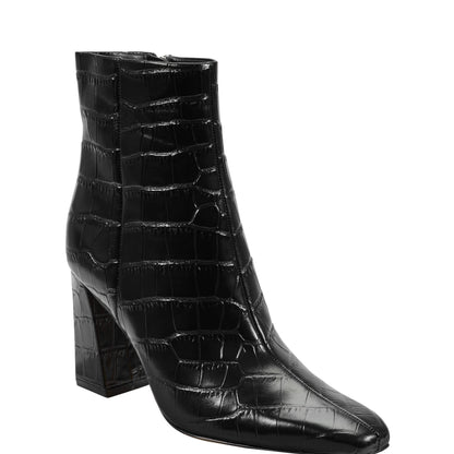 Novella Block Heel Leather Ankle Bootie - Embossed Black Croco Leather | Marc Fisher