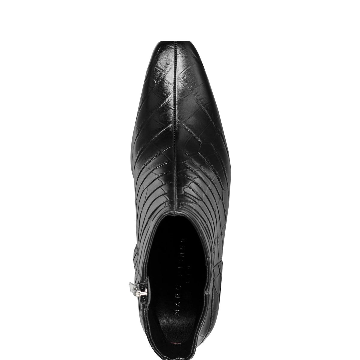 Novella Block Heel Leather Ankle Bootie - Embossed Black Croco Leather | Marc Fisher