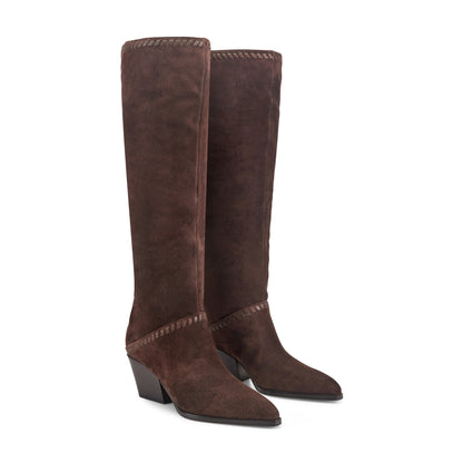 Tayla Block Heel Leather Boot - Dark Brown Suede | Marc Fisher