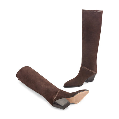 Tayla Block Heel Leather Boot - Dark Brown Suede | Marc Fisher