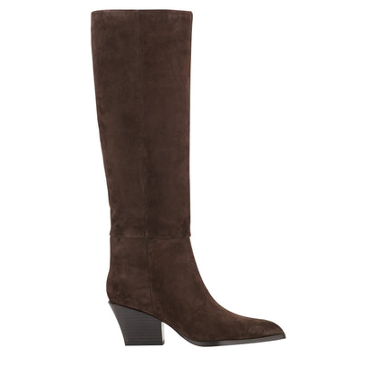 Tarrie Block Heel Leather Boot - Dark Brown Suede | Marc Fisher