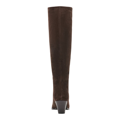 Tarrie Block Heel Leather Boot - Dark Brown Suede | Marc Fisher