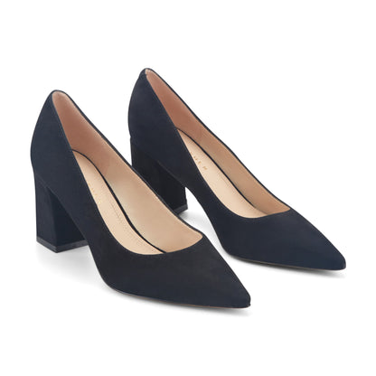 Zala Block Heel Pointy Toe Pump - Black Suede | Marc Fisher