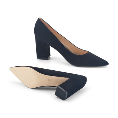 Zala Block Heel Pointy Toe Pump - Black Suede | Marc Fisher