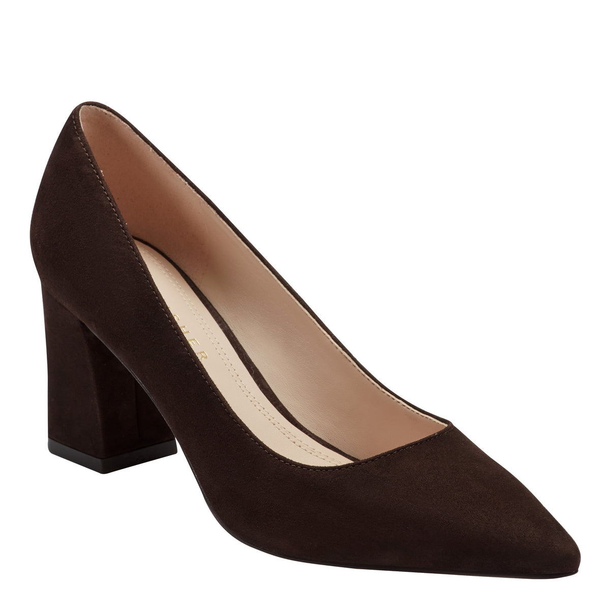 Zala Block Heel Pointy Toe Pump - Dark Brown Suede | Marc Fisher