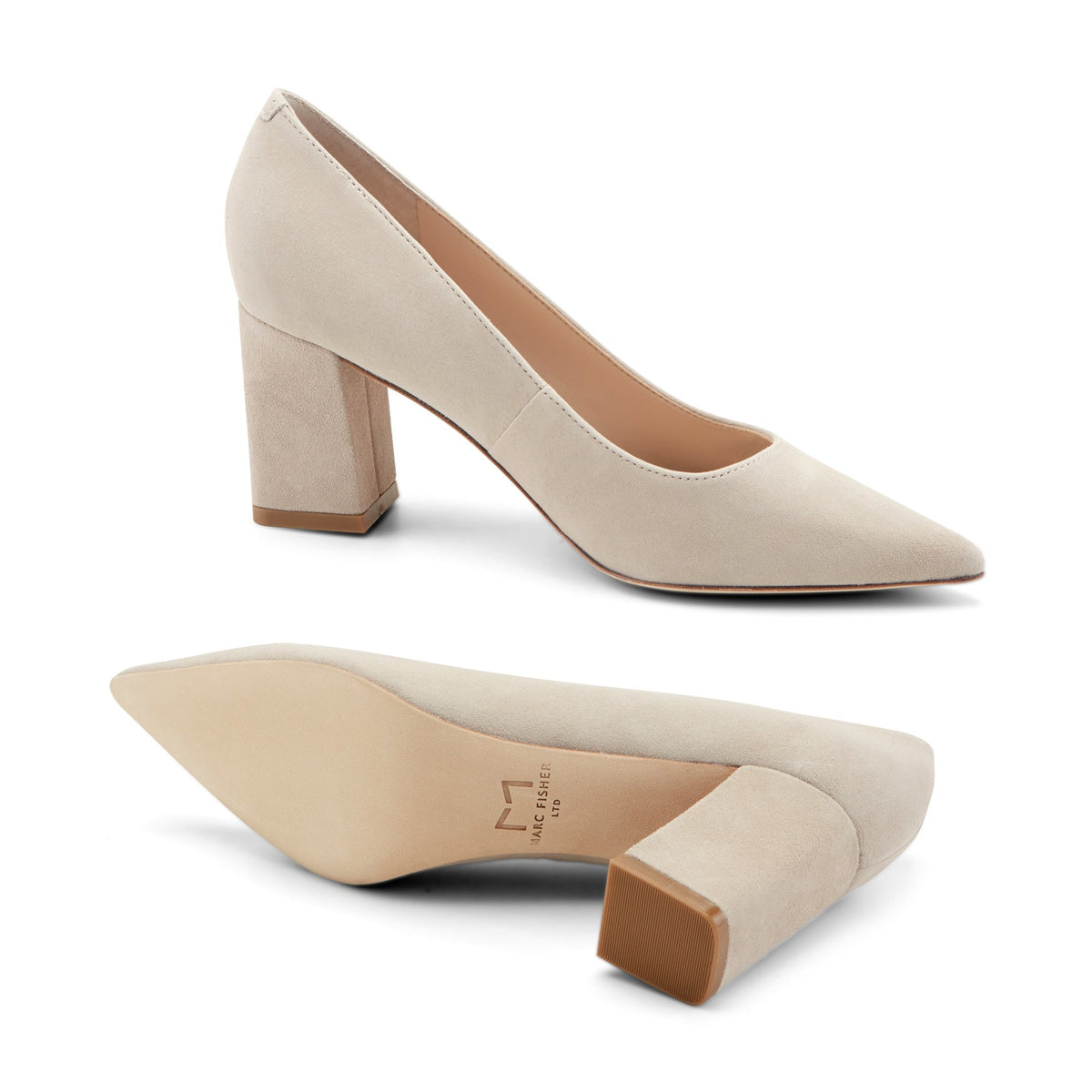 Zala Block Heel Pointy Toe Pump - Natural Suede | Marc Fisher