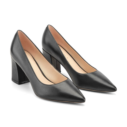 Zala Block Heel Pointy Toe Pump - Black Leather | Marc Fisher