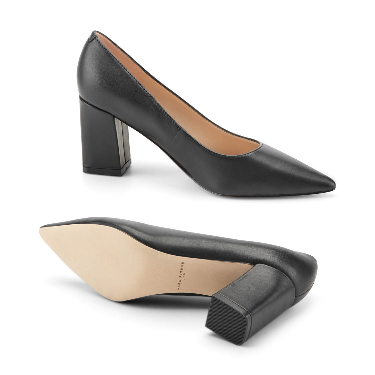 Zala Block Heel Pointy Toe Pump - Black Leather | Marc Fisher