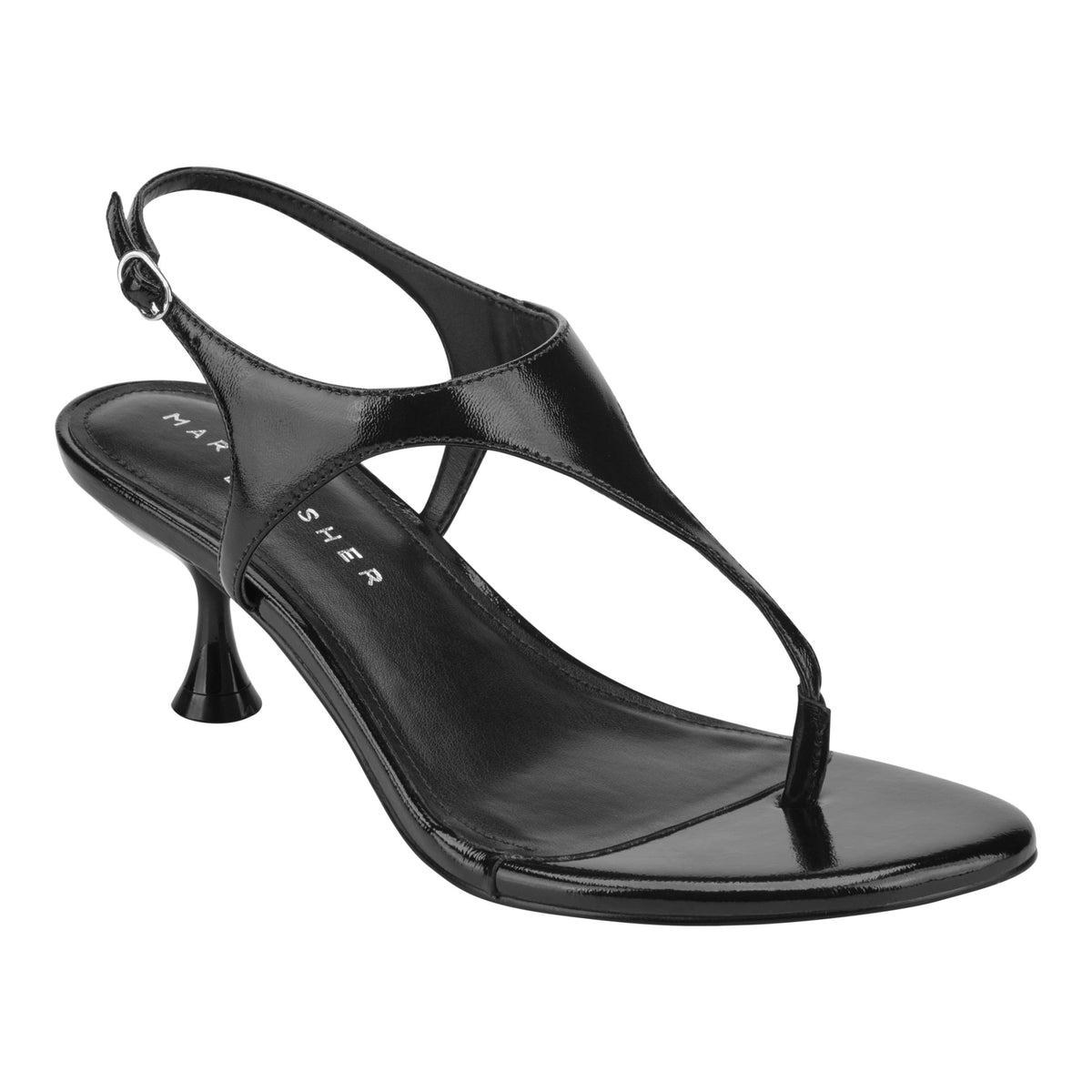 Pelysa Leather Heeled Thong Sandal - Black Patent Leather | Marc Fisher