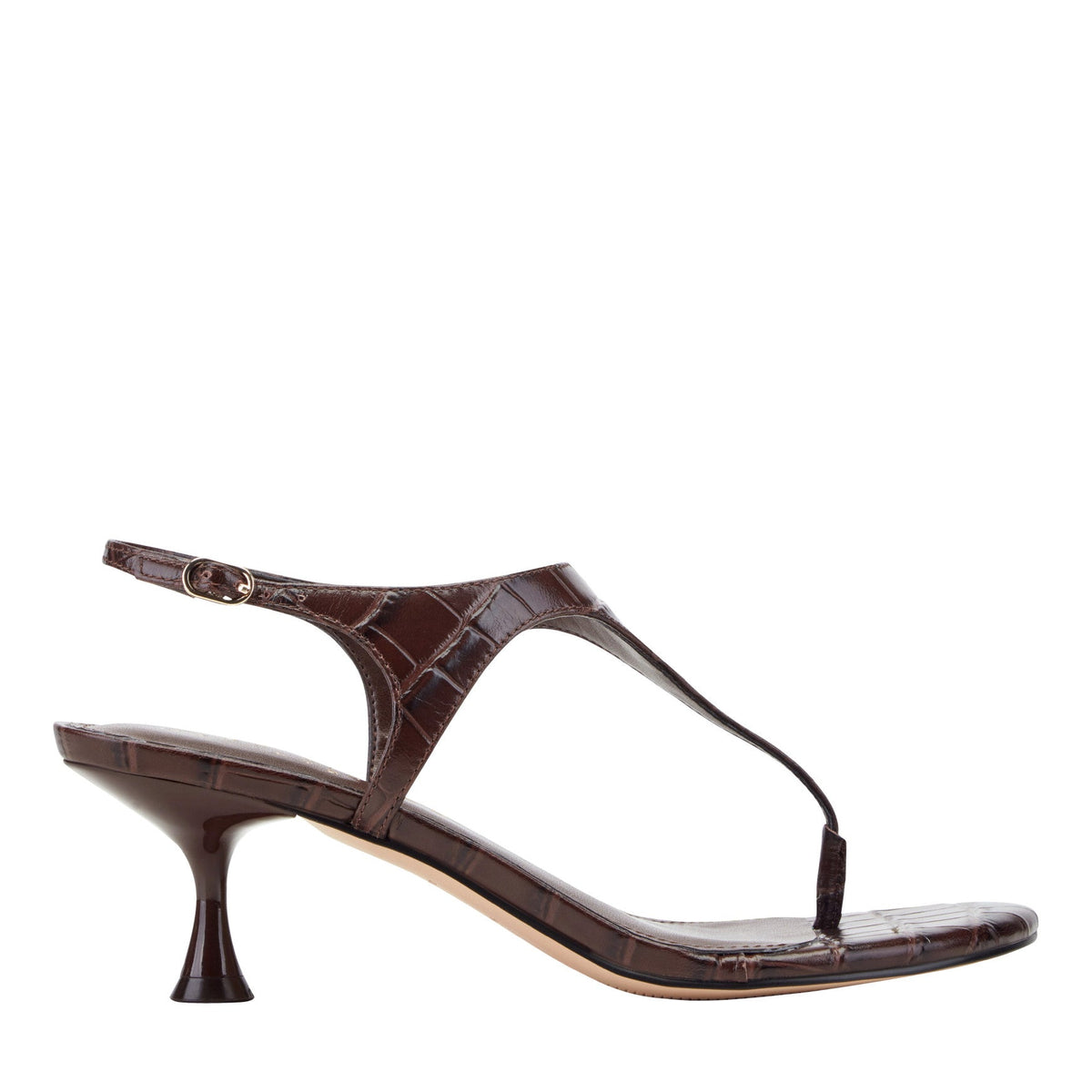 Pelysa Leather Heeled Thong Sandal - Brown Embossed Croco Leather | Marc Fisher