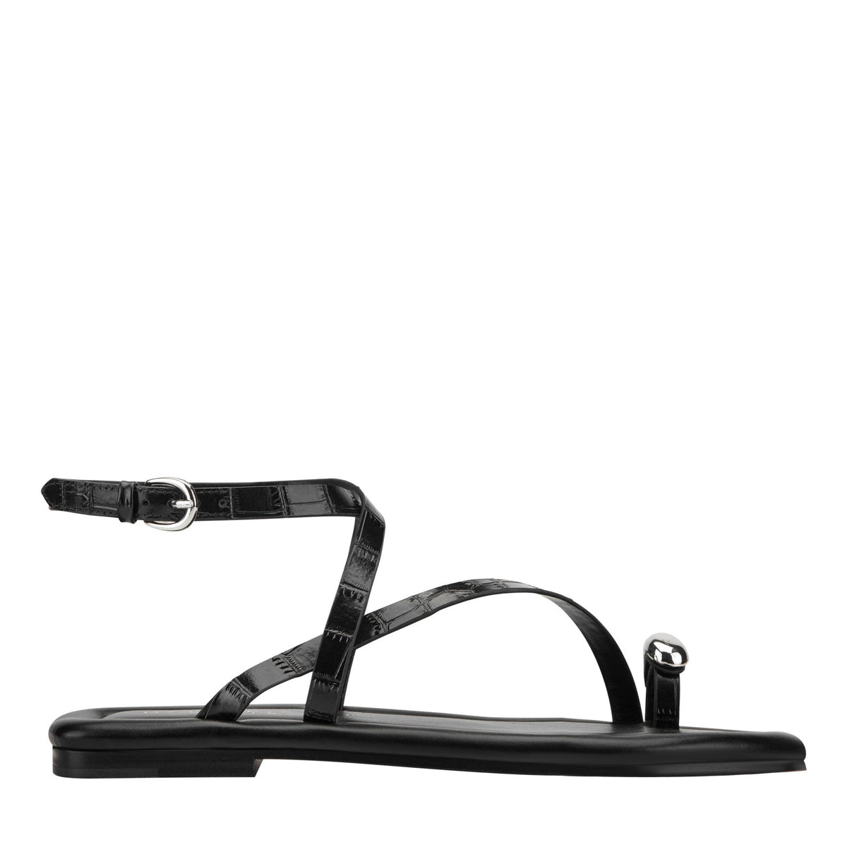 Gynnie Flat Leather Sandal - Black Leather Embossed Croco | Marc Fisher