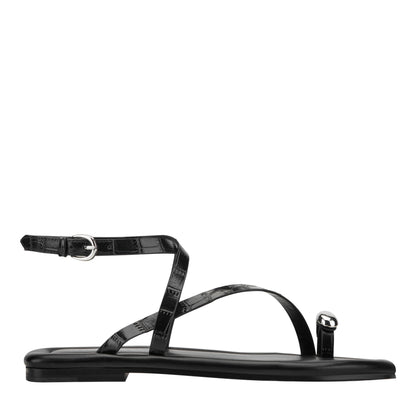 Gynnie Flat Leather Sandal - Black Leather Embossed Croco | Marc Fisher