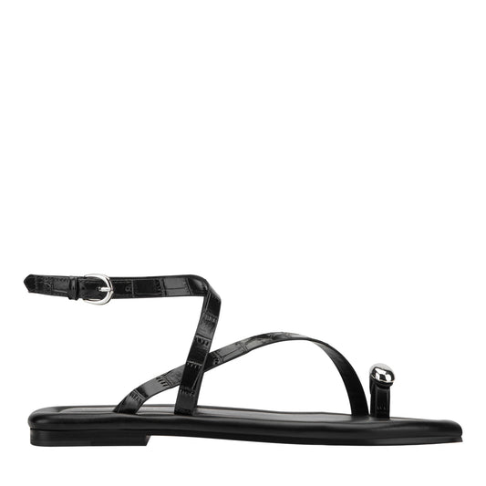 Gynnie Flat Leather Sandal - Black Leather Embossed Croco | Marc Fisher
