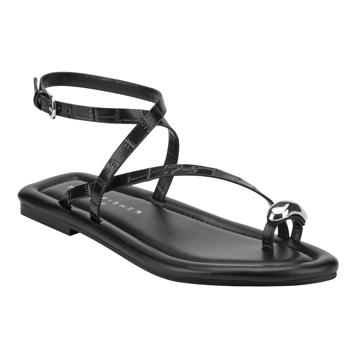 Gynnie Flat Leather Sandal - Black Leather Embossed Croco | Marc Fisher