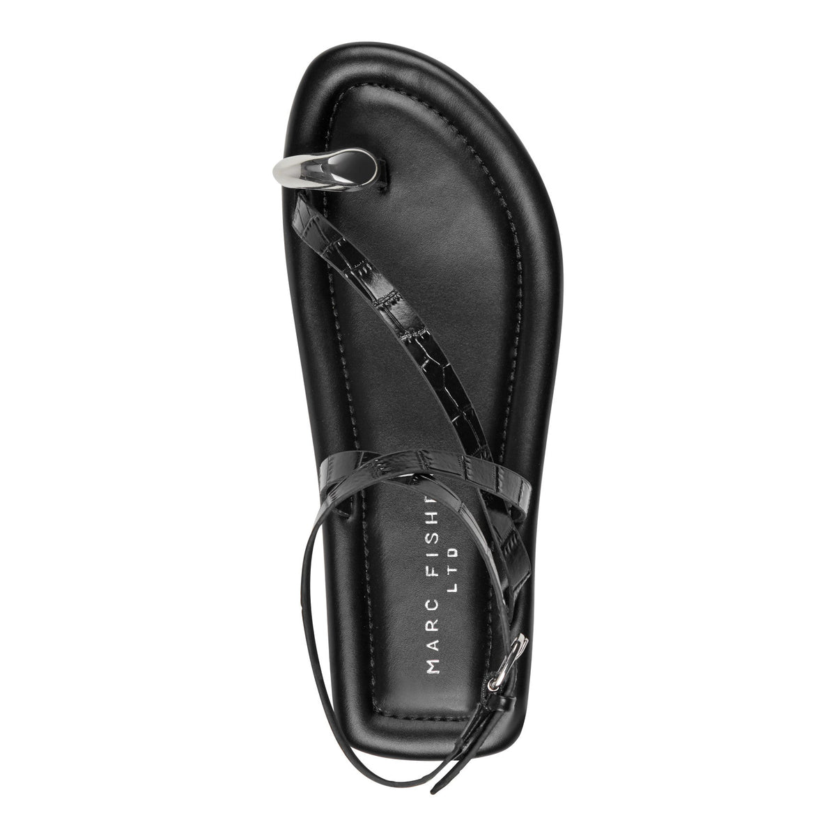 Gynnie Flat Leather Sandal - Black Leather Embossed Croco | Marc Fisher