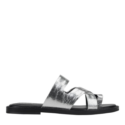 Genella Flat Leather Sandal - Silver Leather | Marc Fisher