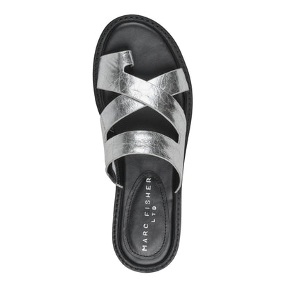 Genella Flat Leather Sandal - Silver Leather | Marc Fisher