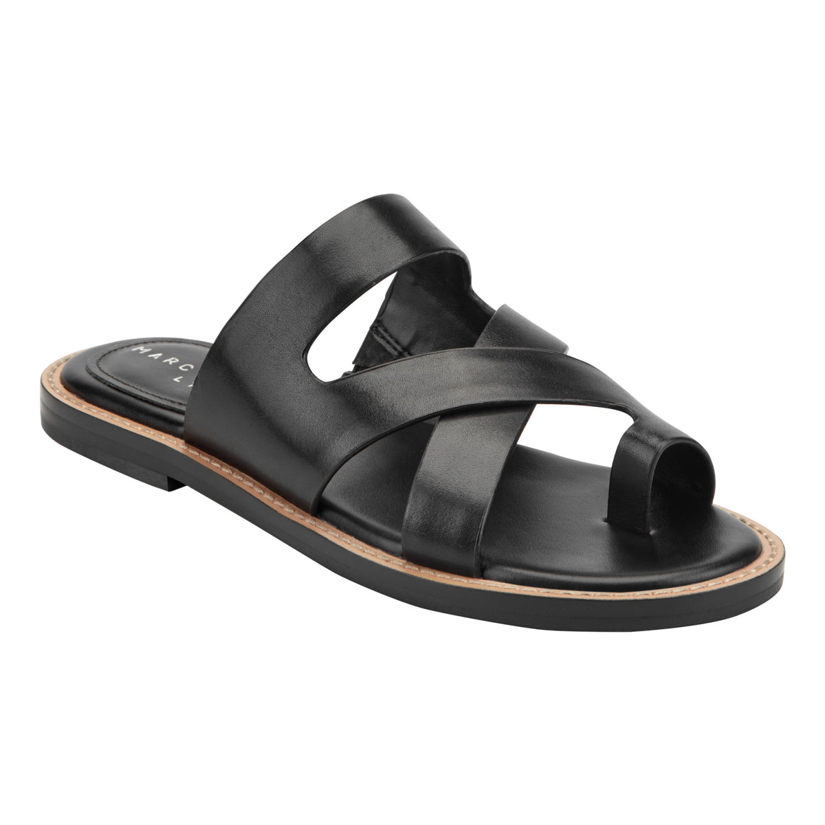 Genella Flat Leather Sandal - Black Leather | Marc Fisher