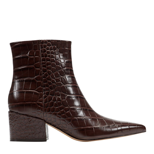 Alfie Block Heel Leather Ankle Bootie - Embossed Croco Dark Brown Leather | Marc Fisher