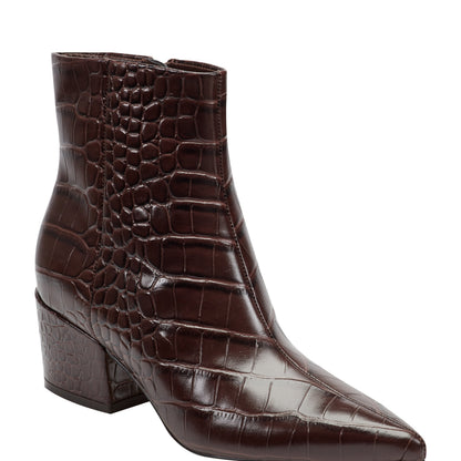 Alfie Block Heel Leather Ankle Bootie - Embossed Croco Dark Brown Leather | Marc Fisher