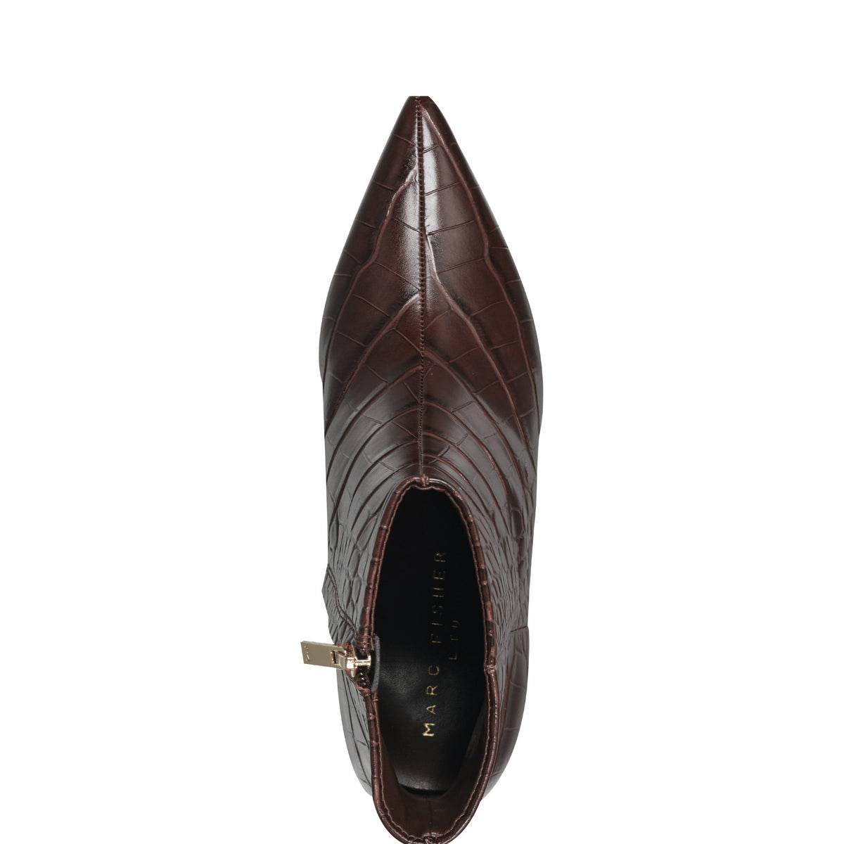 Alfie Block Heel Leather Ankle Bootie - Embossed Croco Dark Brown Leather | Marc Fisher