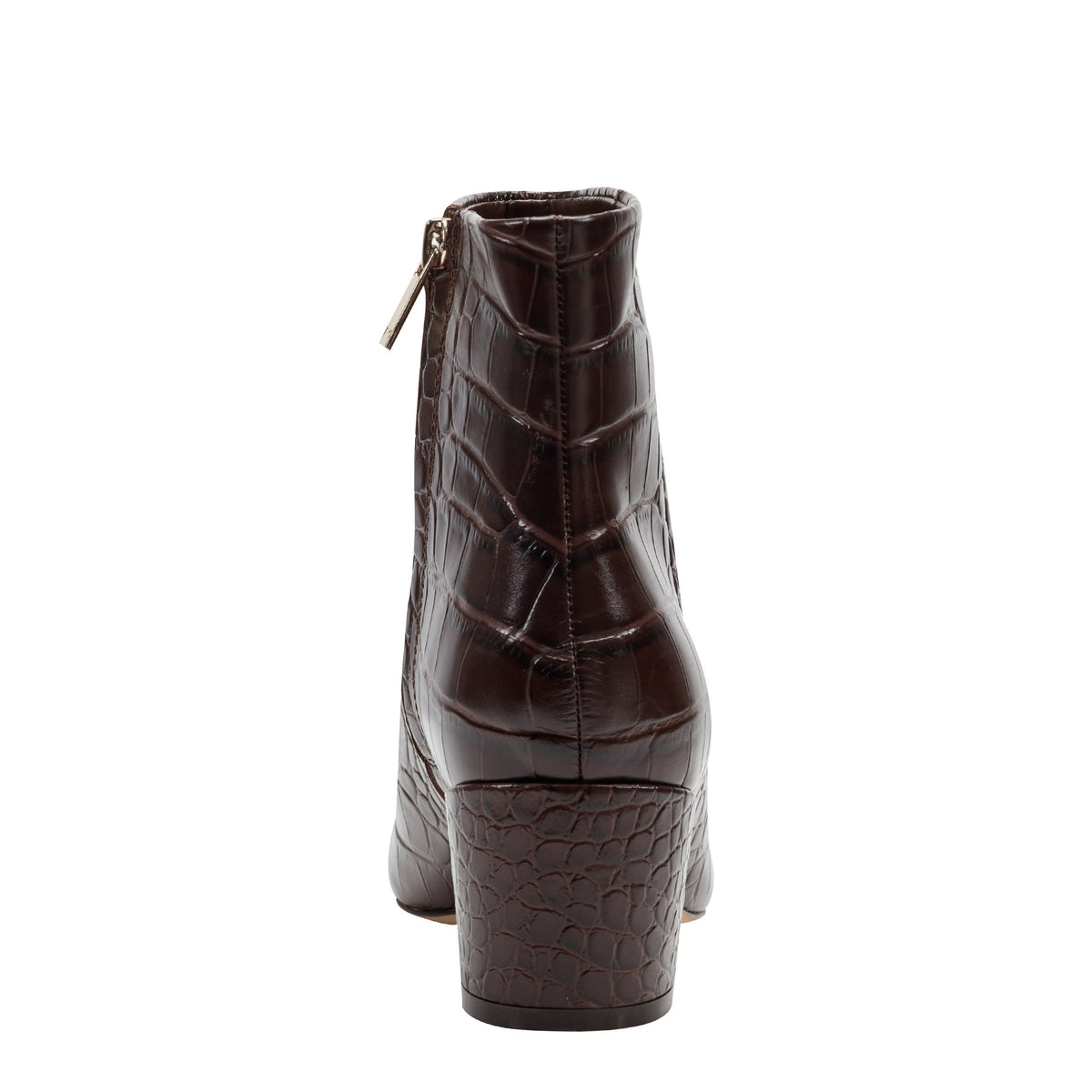 Alfie Block Heel Leather Ankle Bootie - Embossed Croco Dark Brown Leather | Marc Fisher