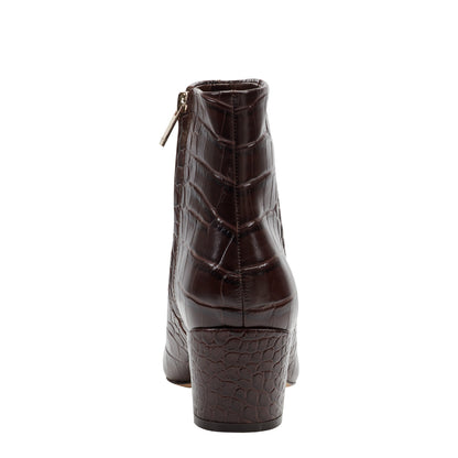 Alfie Block Heel Leather Ankle Bootie - Embossed Croco Dark Brown Leather | Marc Fisher