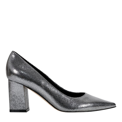 Zala Block Heel Pointy Toe Pump - Pewter Leather | Marc Fisher