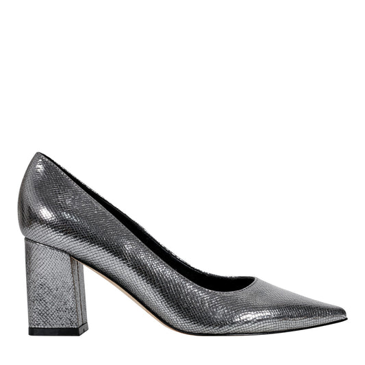 Zala Block Heel Pointy Toe Pump - Pewter Leather | Marc Fisher