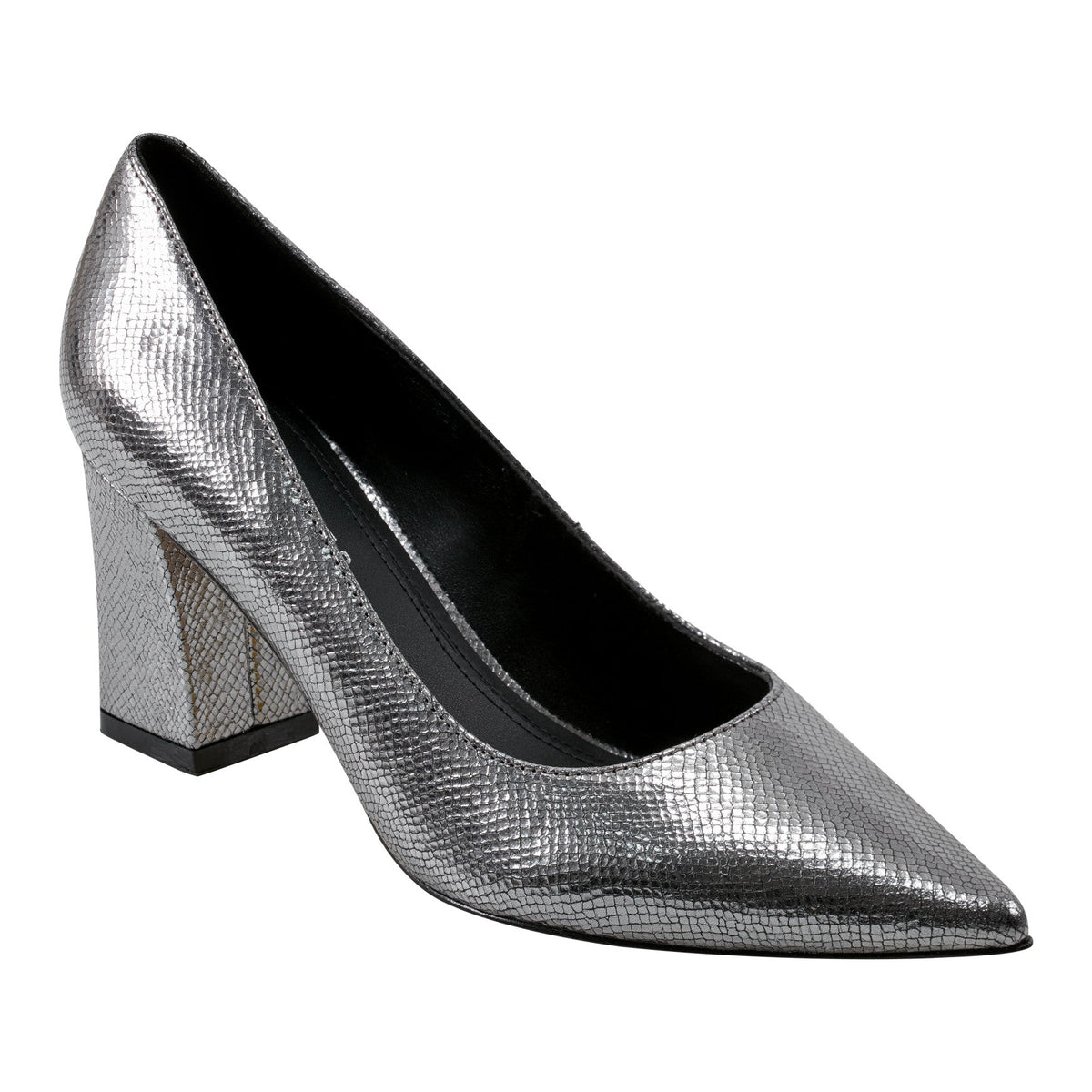 Zala Block Heel Pointy Toe Pump - Pewter Leather | Marc Fisher