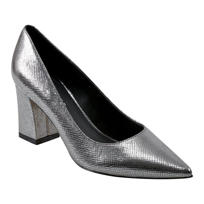 Zala Block Heel Pointy Toe Pump - Pewter Leather | Marc Fisher