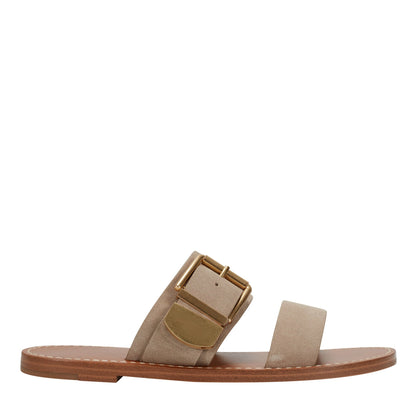Hallyn Leather Flat Slide Sandal - Taupe Suede | Marc Fisher