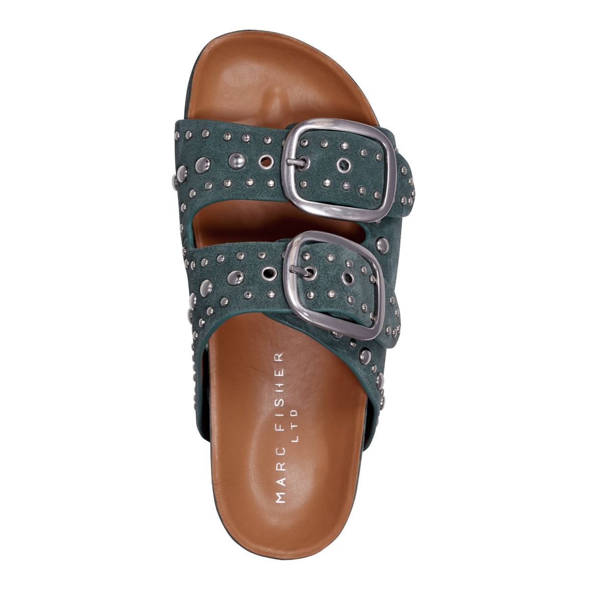 Sayge Studded Suede Footbed Sandal - Green Suede | Marc Fisher