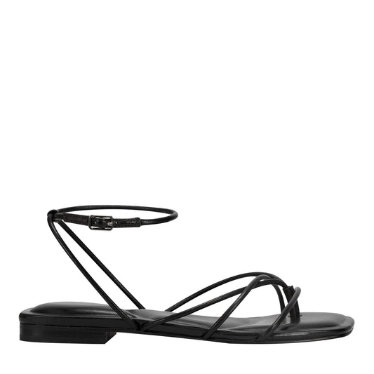 Mayte Strappy Leather Flat Sandal - Black Leather | Marc Fisher