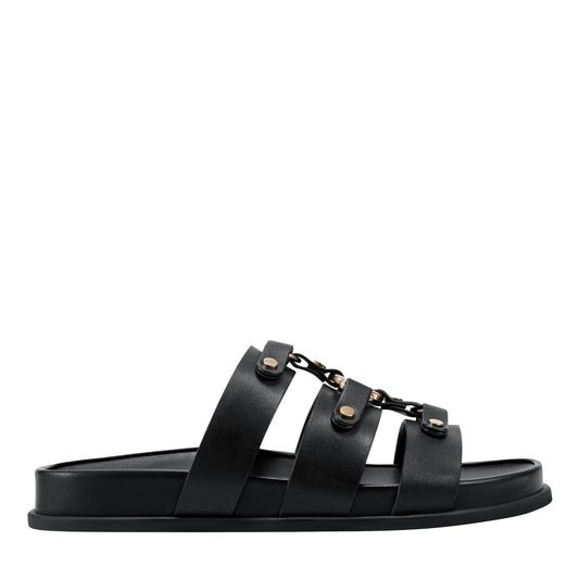Verity Flat Leather Footbed Sandal - Black Leather | Marc Fisher