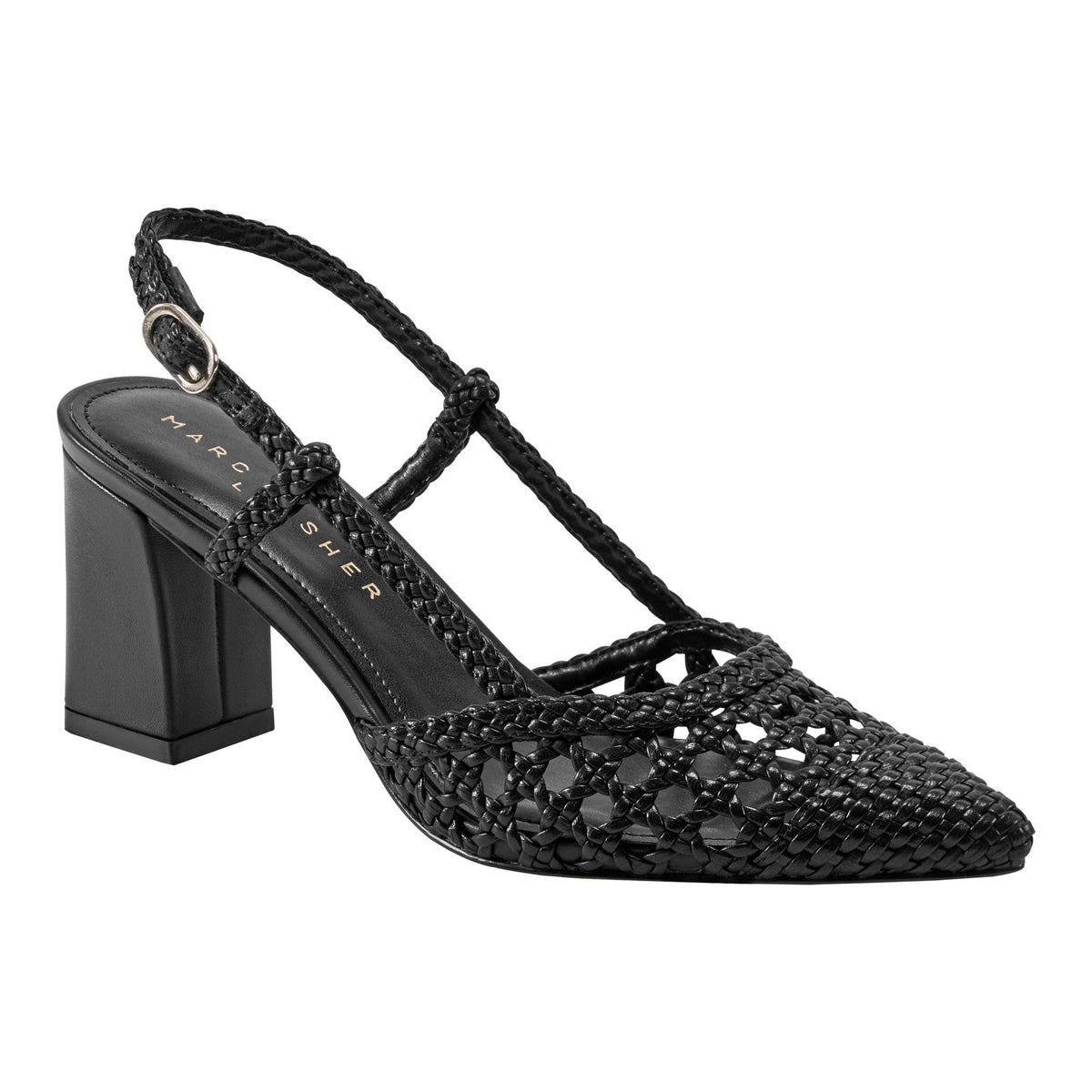 Zunnie Block Heel Woven Leather Slingback Pump - Black Leather | Marc Fisher